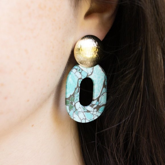 Blue + Gold Oval Earrings, Lightweight Earrings, Handmade Polymer Clay Earrings - Picture 2 of 4